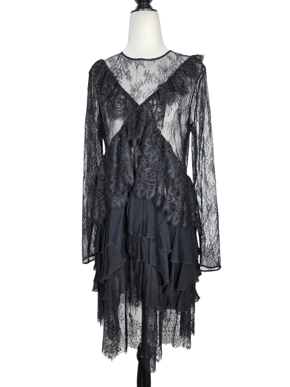 Twin-Set Black Lace and Silk Long Sleeve Tiered Ruffle Dress w/ keyhole back